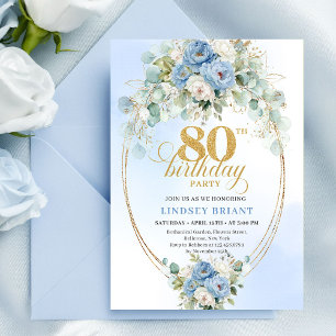 Pretty Light Blue Peonies Gold Frame 80th Birthday Invitation