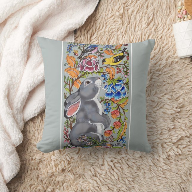 Pretty Light Blue Rabbit Bird Floral Cute Decor Cushion (Blanket)