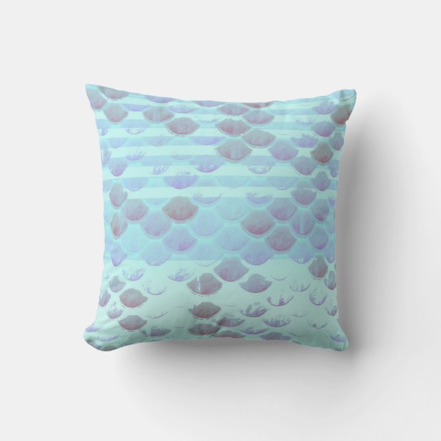 Pretty Light Blue Striped Mermaid Fish Scales Cushion (Front)