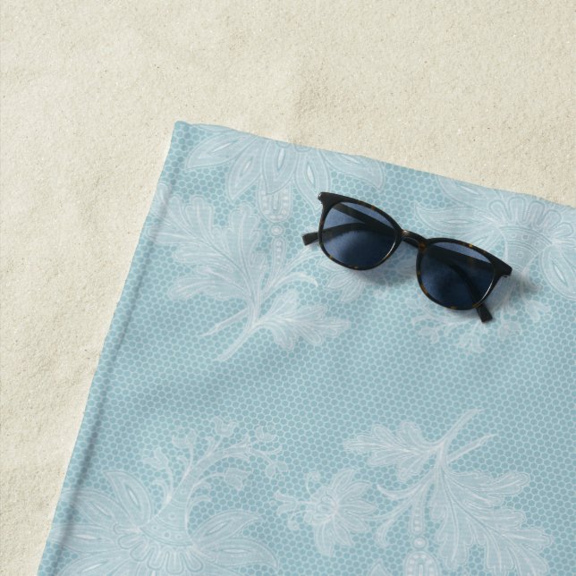 Pretty Light Blue White Floral Faux Lace   Beach Towel (In Situ)