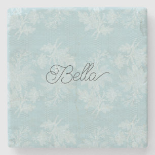 Pretty Light Blue White Floral Faux Lace   Stone Coaster