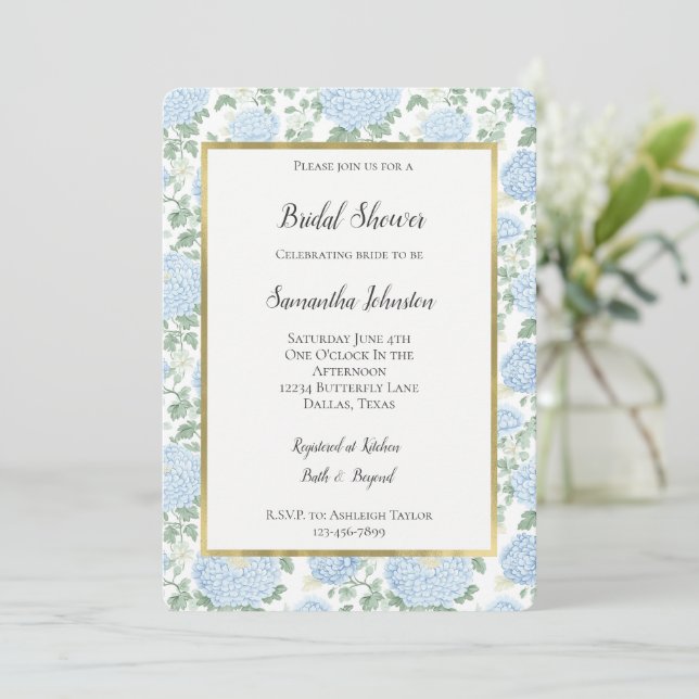 Pretty Light Blue White Flowers Bridal Shower Invitation (Standing Front)