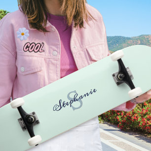 Pretty Light Green Elegant Simple Cute Monogrammed Skateboard
