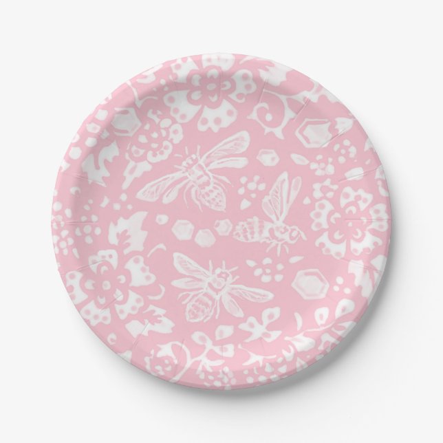Pretty Light Pink Bee Floral Garden Pattern Paper Plate (Front)