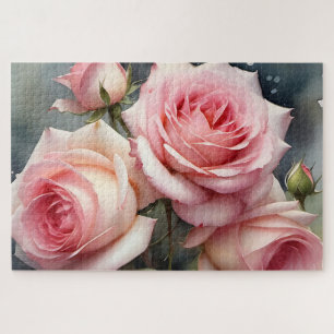 Pretty light pink roses garden watercolor painting jigsaw puzzle