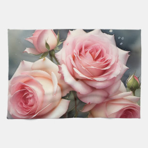 Pretty light pink roses garden watercolor painting tea towel