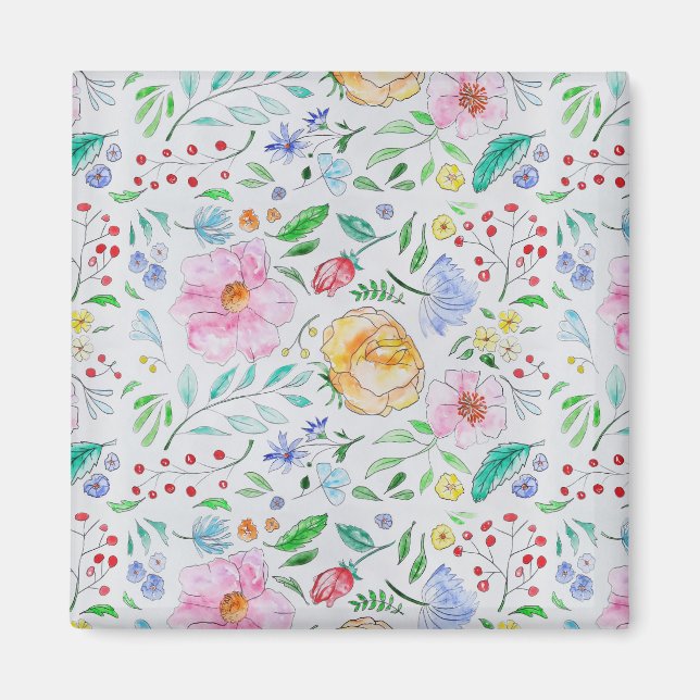 Pretty Light Watercolor Flowers and Buds Pattern Magnet (Front)