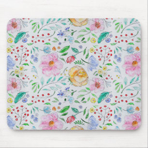 Pretty Light Watercolor Flowers and Buds Pattern Mouse Mat