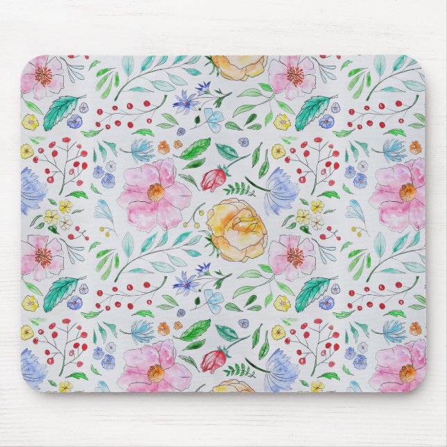 Pretty Light Watercolor Flowers and Buds Pattern Mouse Mat (Front)