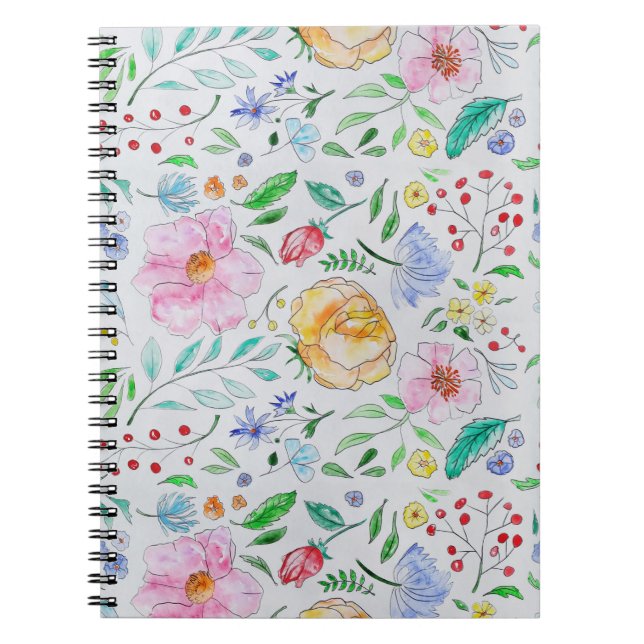 Pretty Light Watercolor Flowers and Buds Pattern Notebook (Front)