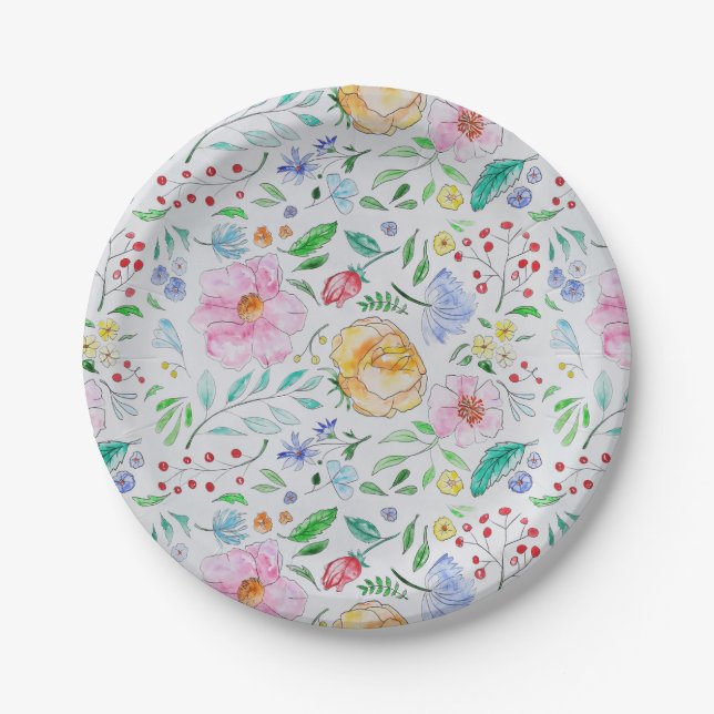 Pretty Light Watercolor Flowers and Buds Pattern Paper Plate (Front)