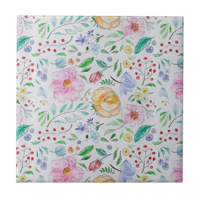 Pretty Light Watercolor Flowers and Buds Pattern Tile (Front)