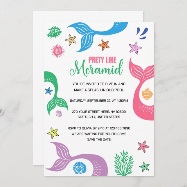 Pretty Like a Mermaid Bachelorette Party Invitation (Front/Back)