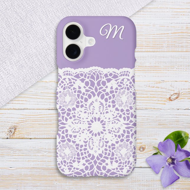 Pretty Lilac and White Lace Monogrammed (A pretty phone case in lilac with white lace effect and custom monogram initial)