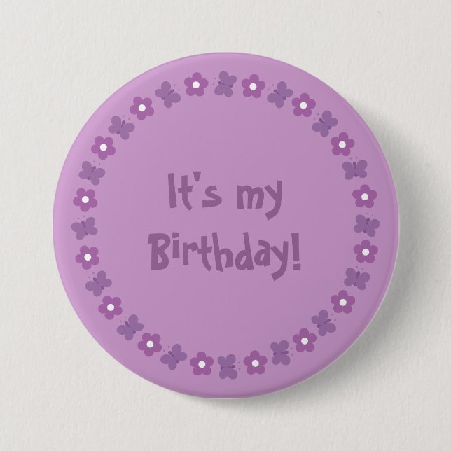 Pretty lilac flowers & butterflies Birthday button (Front)