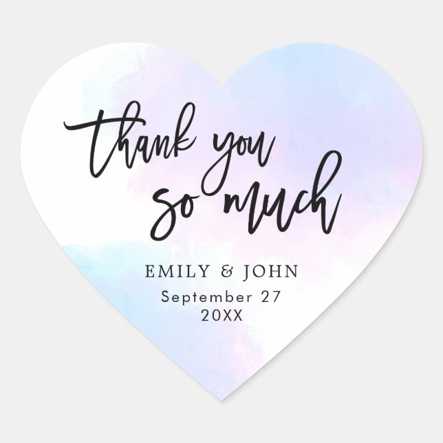 Pretty Lilac/Pink Watercolor/Script Wedding Thanks Heart Sticker (Front)