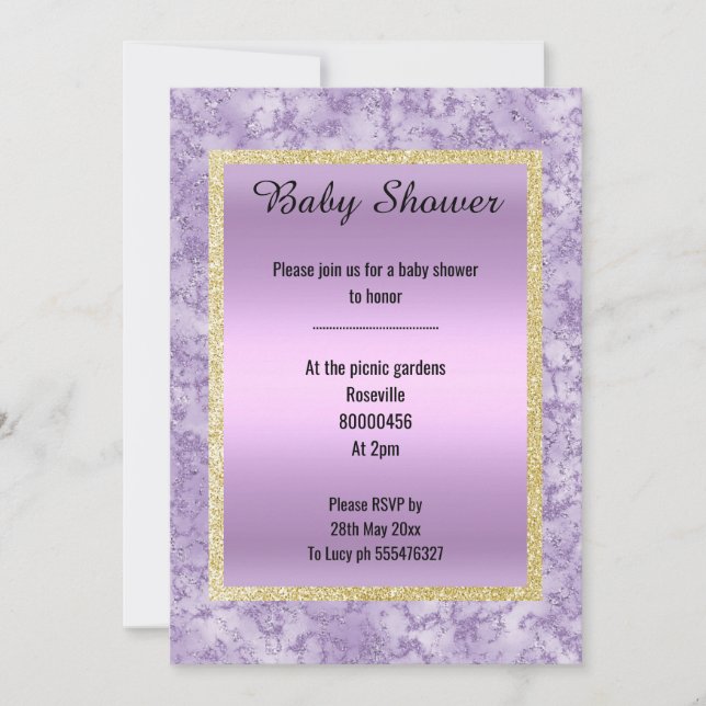Pretty Lilac Purple Marble Glitter Gold Baby Invitation (Front)
