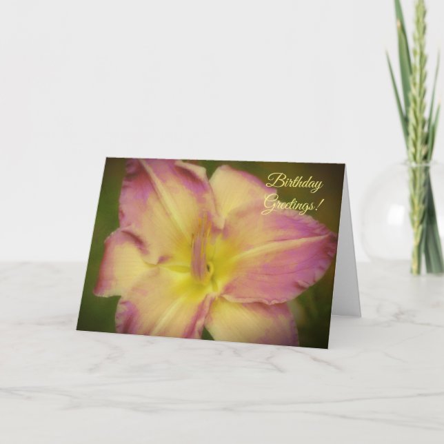Pretty Lily Flower Pink and Yellow Birthday Card (Front)