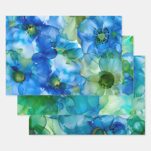 Pretty Liquid `Fluid Ink Flowers Blue & Green Wrapping Paper Sheet