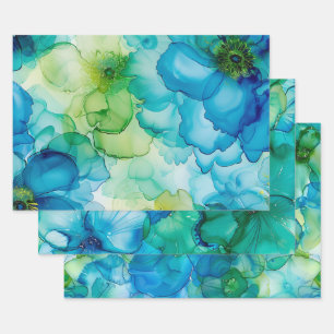 Pretty Liquid `Fluid Ink Flowers Blue & Green Wrapping Paper Sheet