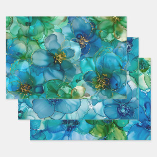 Pretty Liquid `Fluid Ink Flowers Blue & Green Wrapping Paper Sheet