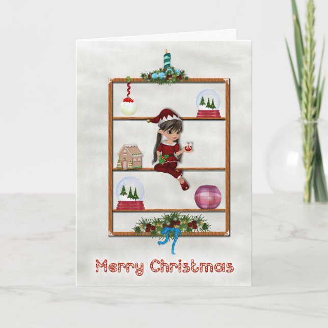 Pretty Little Girl Elf on a Curio Shelf Holiday Card (Front)
