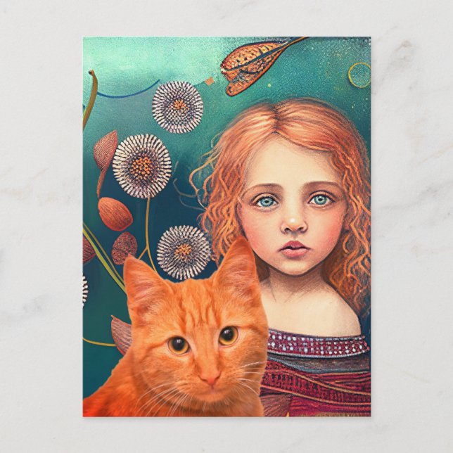 PRETTY LITTLE GIRL & GINGER CAT POSTCARD (Front)