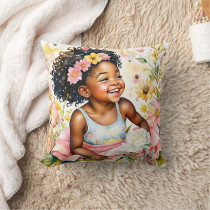 Pretty Little Girl in Pink Flowers Watercolor Art Cushion
