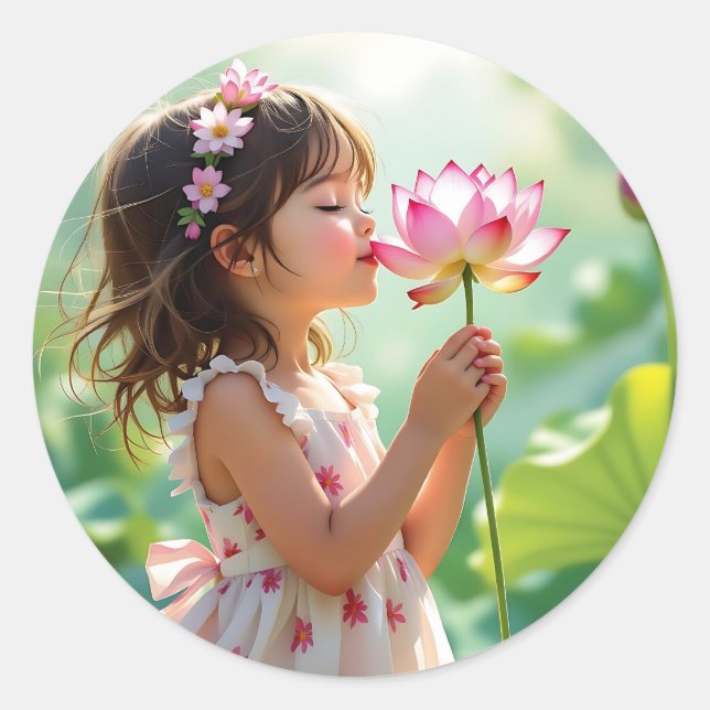 Pretty Little Girl Smelling a Pink Rose Classic Round Sticker (Front)