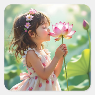 Pretty Little Girl Smelling a Pink Rose Square Sticker