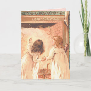 Pretty Little Girls Await Santa Vintage Christmas  Card