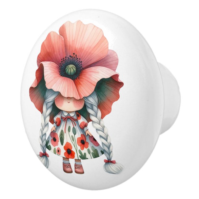 Pretty Little Orange Floral Girl Gnome Ceramic Knob (Right)