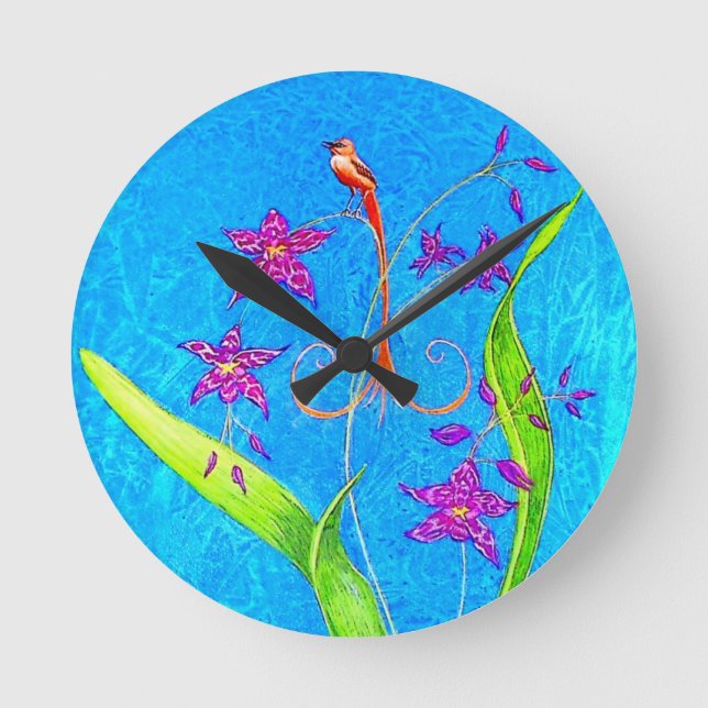 Pretty Little Orchid Bird  Round Clock (Front)