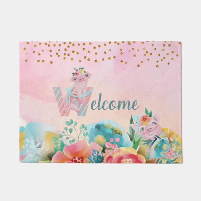 Pretty Little Pig Welcome Sign Child Room Doormat (Front)