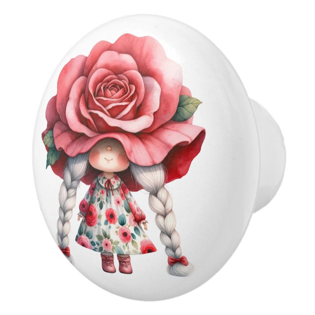 Pretty Little Red Floral Girl Gnome Ceramic Knob (Right)