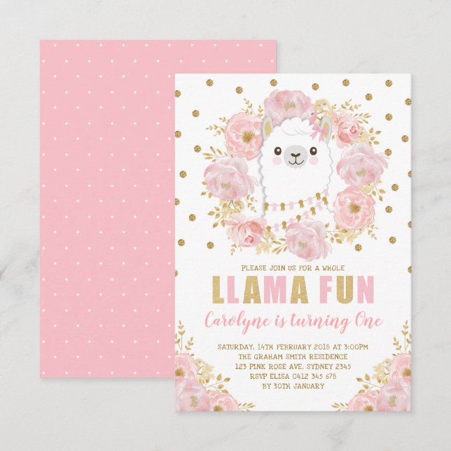 Pretty Llama / Pink Gold Floral Alpaca Birthday Invitation (Front/Back)