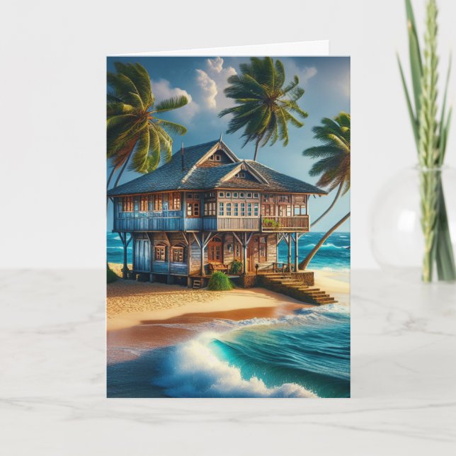 Pretty Log Cabin Beach House Happy Birthday Card (Front)
