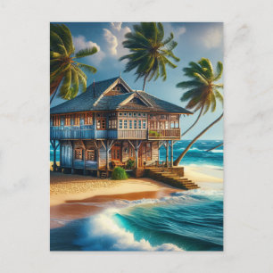 Pretty Log Cabin Beach House Happy  Postcard