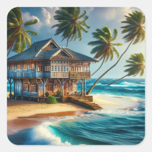 Pretty Log Cabin Beach House   Square Sticker