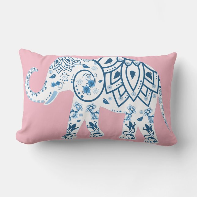 Pretty Lotus Flower Patterned Elephant Lumbar Cushion (Front)