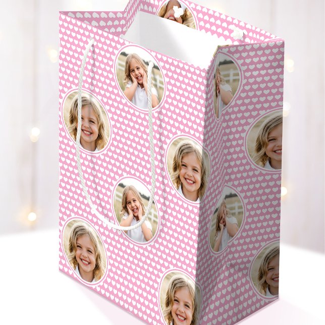 Pretty Love Heart 2 Photo Cute Pink White Pattern Medium Gift Bag (Creator Uploaded)