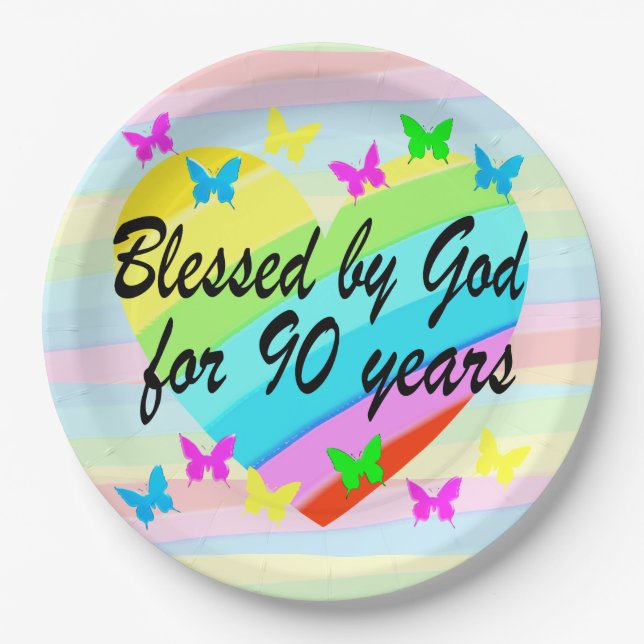 PRETTY LOVE HEART 90TH BIRTHDAY PAPER PLATES (Front)