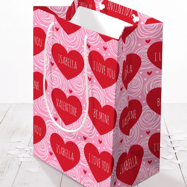 Pretty Love Heart Custom Text Modern Valentines Medium Gift Bag (Creator Uploaded)
