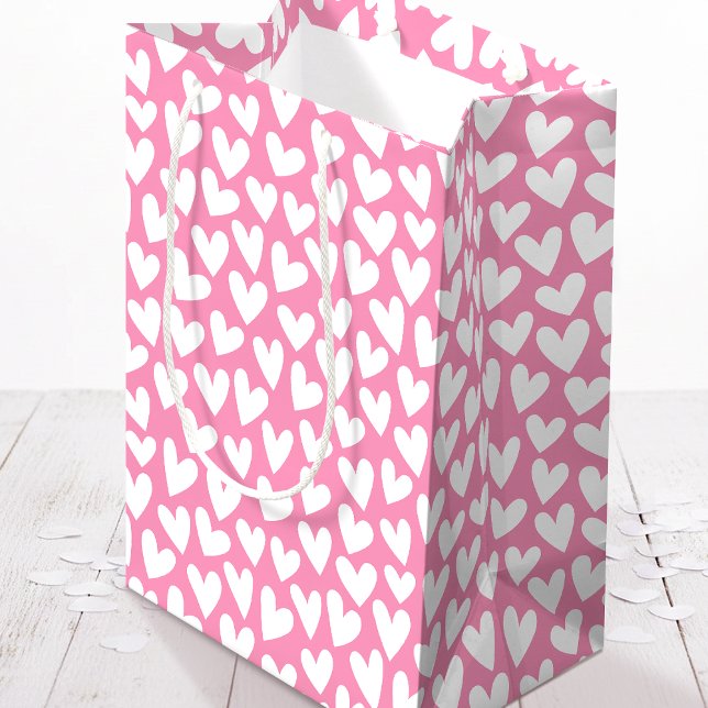Pretty Love Heart Pattern Pink White Valentine Medium Gift Bag (Creator Uploaded)