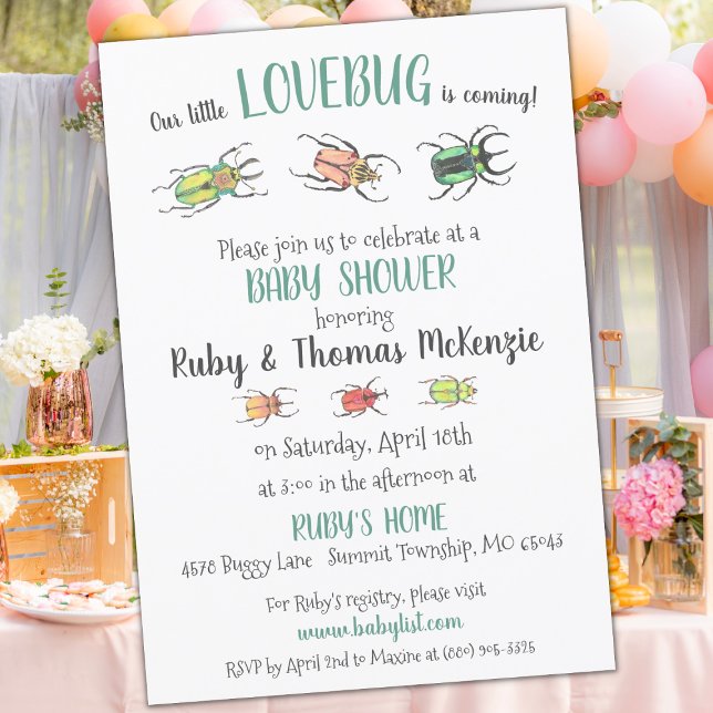 Pretty Lovebugs Beetles Baby Shower Invitation (Creator Uploaded)