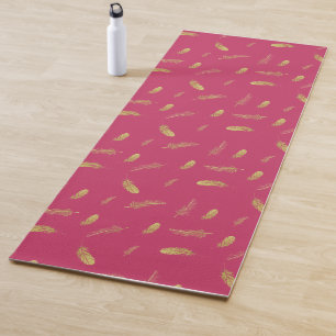 Pretty Magenta and Golden Feathers Yoga Mat