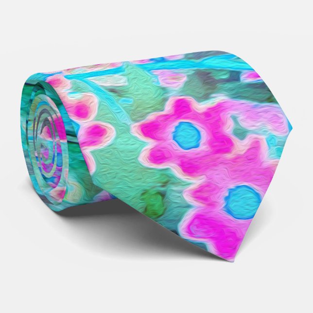 Pretty Magenta and Royal Blue Garden Flowers Tie (Rolled)