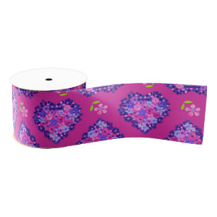 Pretty Magenta Hearts and Flowers Grosgrain Ribbon