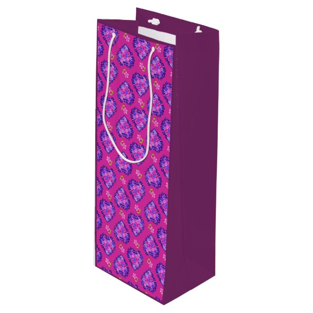 Pretty Magenta Hearts and Flowers Wine Gift Bag (Front Angled)