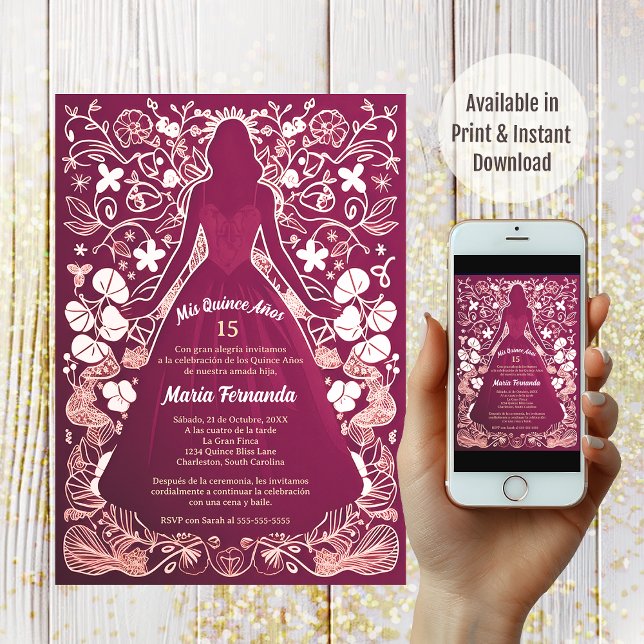 Pretty Magenta Mis Quince Años Quinceañera  Invitation (Creator Uploaded)